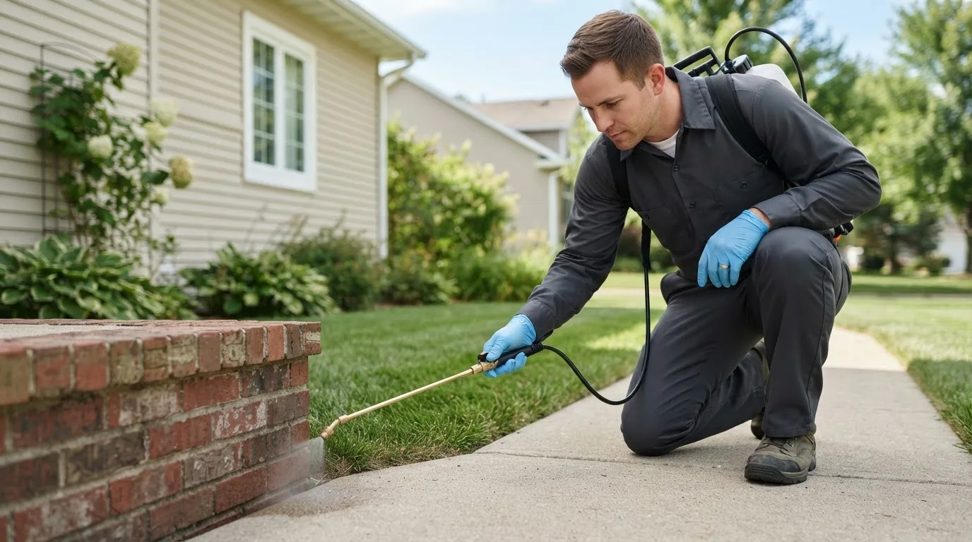 Pest control technician treating a home near Roseglen, ND