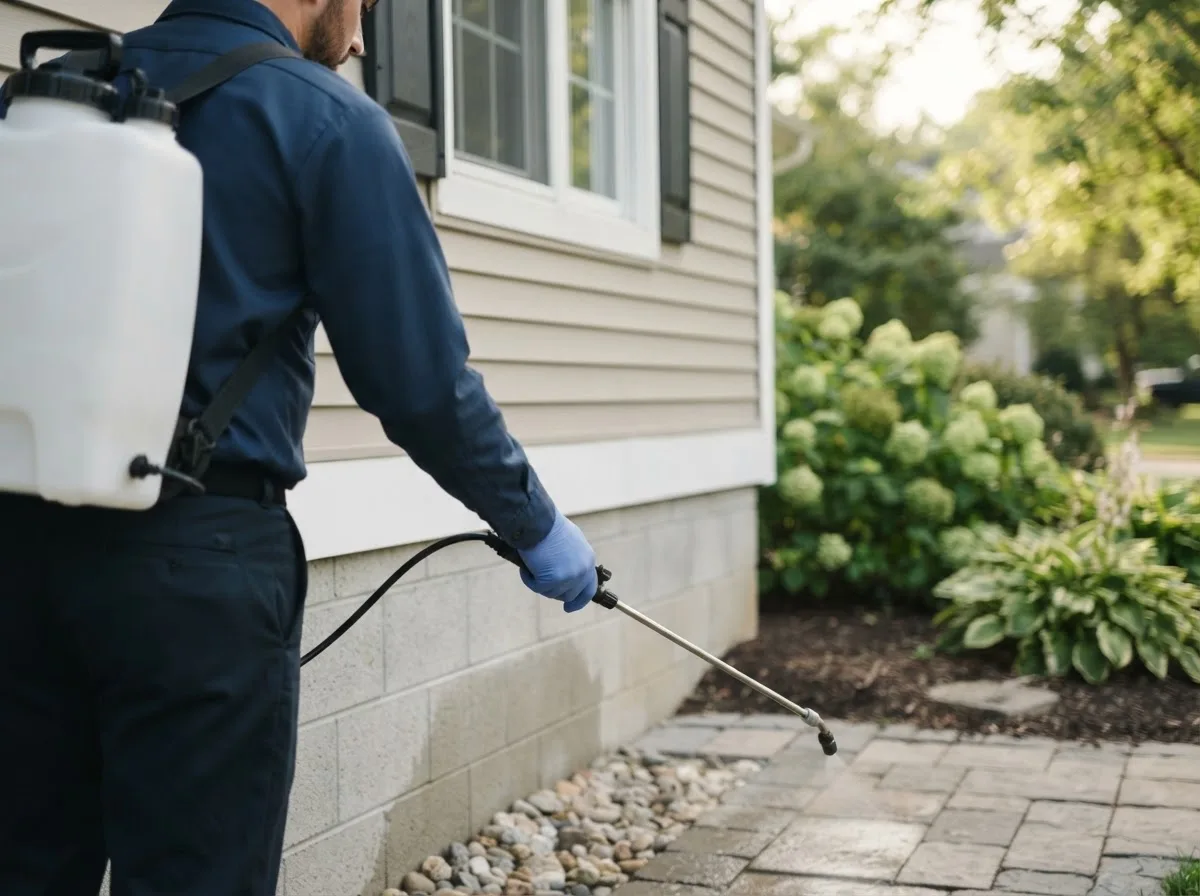 Pest control technician inspecting a home in Roseglen, ND